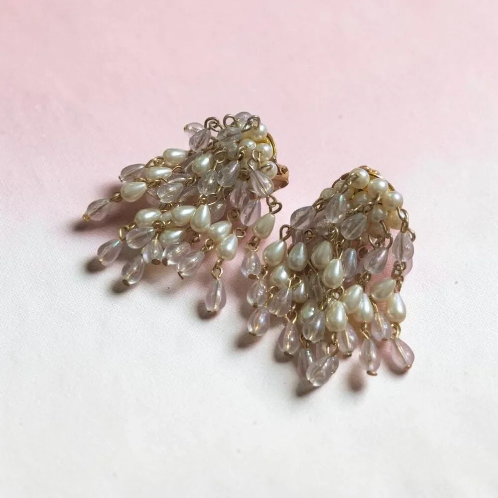 Vintage Faux Pearl Pink Bead Cascade Clip On Earrings, Cottagecore Jewelry